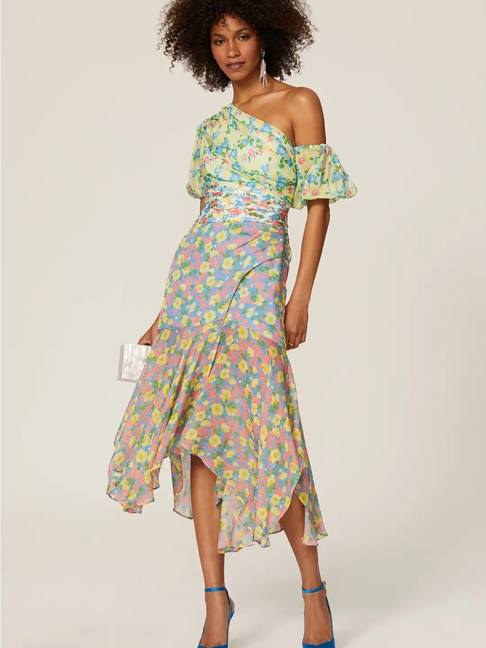 AMUR jaylah Floral One-Shoulder Dress in Pastel Yellow and Multicolor